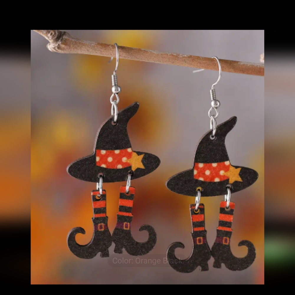 Halloween Wooden Witch's Hat Boots Design Dangle Earrings.
